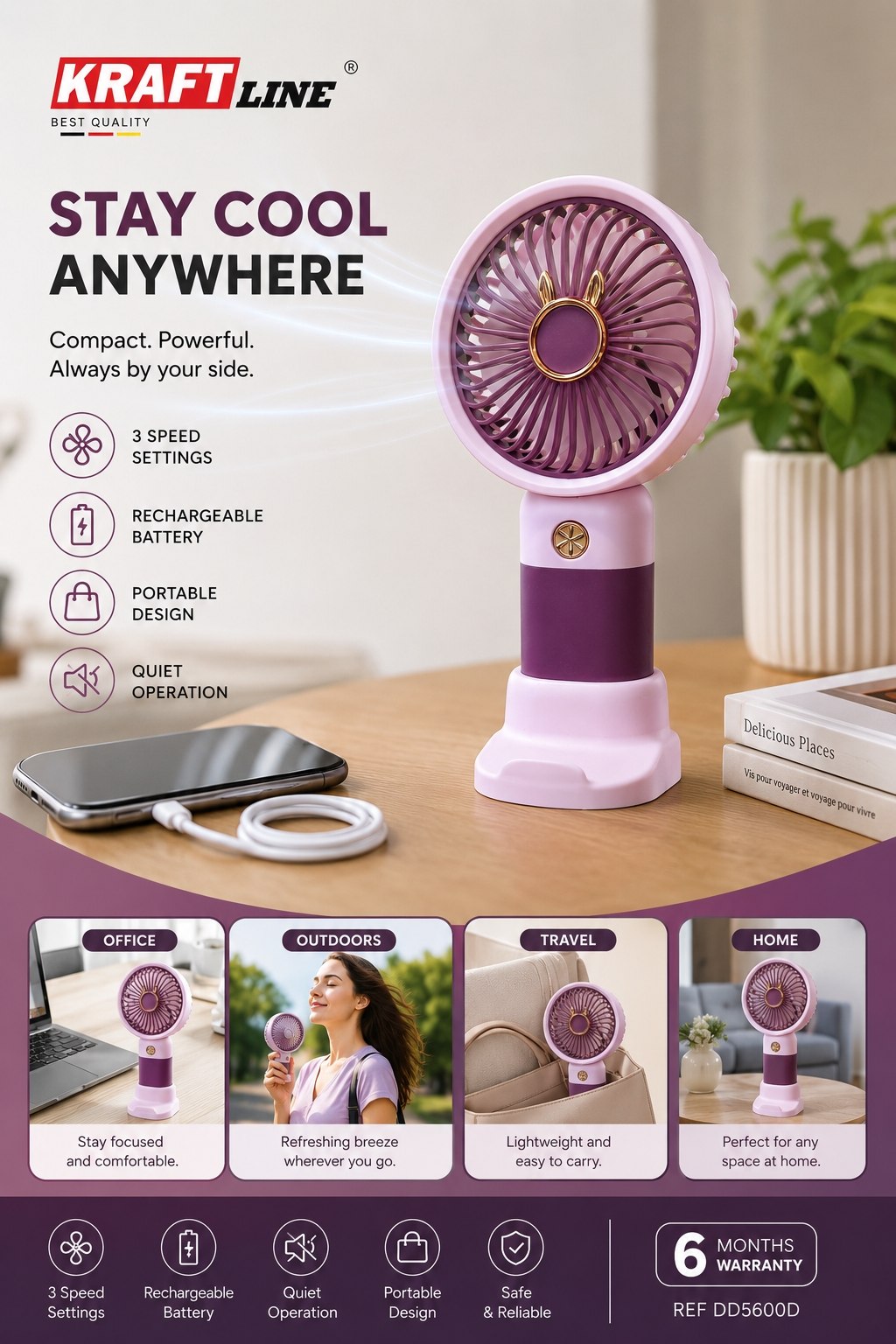 Mini Ventilateur Portable Rechargeable USB-C – Ventilateur de Bureau 2-en-1 KRAFT LINE