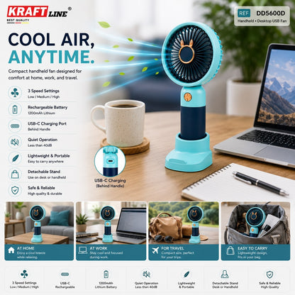 Mini Ventilateur Portable Rechargeable USB-C – Ventilateur de Bureau 2-en-1 KRAFT LINE