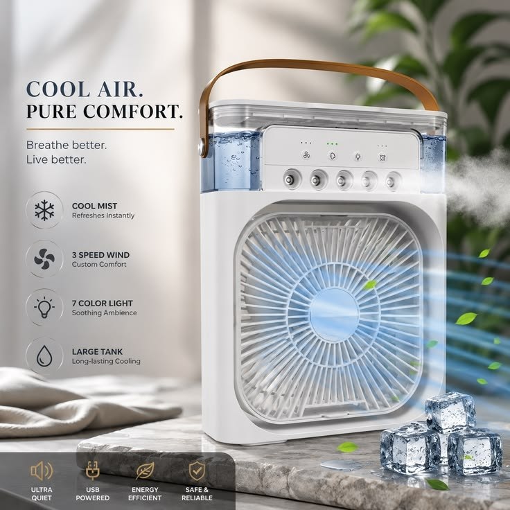 Mini Ventilateur Portable USB avec Réservoir à Glaçons – Ventilateur & Humidificateur 3 en 1
